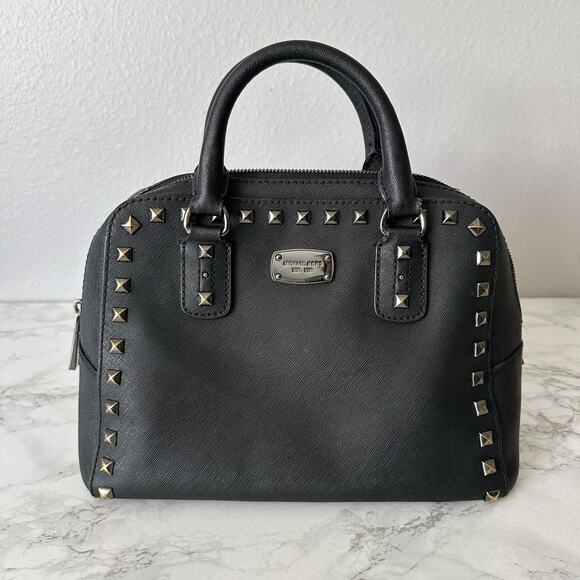 MICHAEL Michael Kors Handbags - 28. MICHAEL Michael Kors Small Studded Domed Satchel Black Saffiano Leather Bag